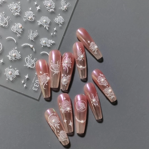 5D stereoscopic nail stickers with rose patterns and pearls on long ballerina nails