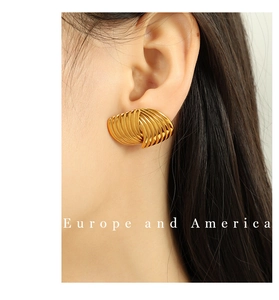 Close-up of golden stainless steel hoop earrings with textured ripple design on model