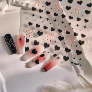 Autocollants 3D M-984 pour ongles avec cœurs noirs, étoiles et motifs de nœuds papillon