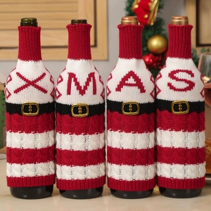 Christmas Wine Bottle Cover Knitted Acrylic Letter Pattern Festive Dining Table Decor Santa Belt Design Holiday Party