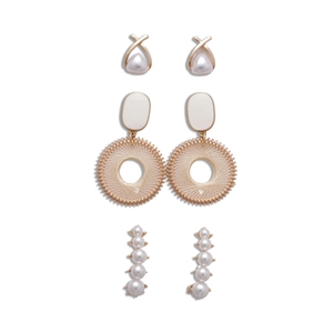 Set of 3 vintage pearl earrings featuring geometric gold hoops and stud designs
