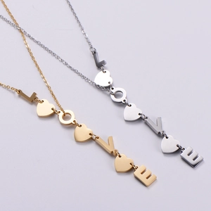 Elegant gold and silver LOVE letter heart pendant necklaces in polished metal finish