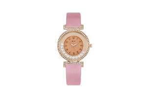 Close-up of rose gold crystal bezel with pink silk strap and glitter dial watch