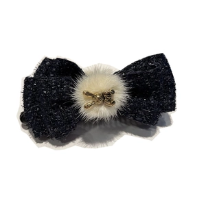 Elegant black tweed bow banana clip hair accessory with fluffy ball and golden rabbit