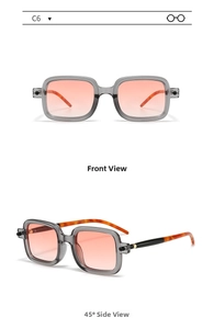 Front and side view of retro square sunglasses with purple frames and pink gradient lenses