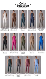 Detailed grid showing 14 color options of high-stretch halter yoga jumpsuits for women