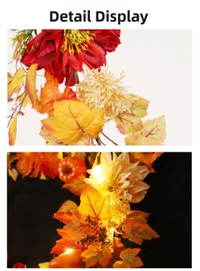 Detail of artificial autumn garland with maple leaves, pumpkins and warm LED lights