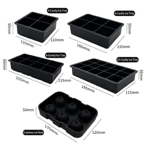 Black food-grade silicone ice cube trays and sphere molds with detailed dimensions