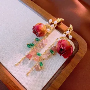 Retro Red Rose Dried Flower Long Tassel Alloy Drop Earrings With Strawberry Crystal Artificial Pearl Silver Earring Post