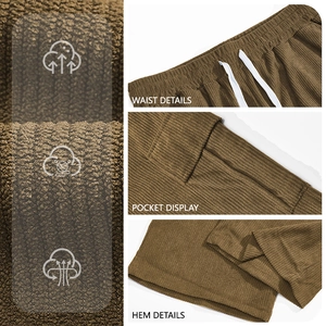Detailed views of corduroy pants featuring waist drawstrings, side pockets and hem texture