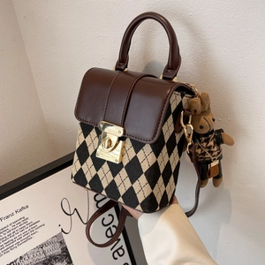 Vintage brown leather and plaid canvas mini square handbag with bear charm and metal clasp
