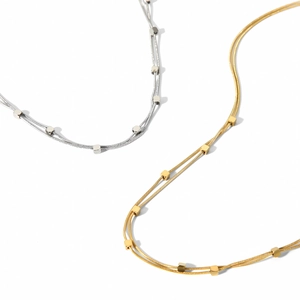 Minimalist double layer geometric necklace with square beads in 18k gold and silver finish