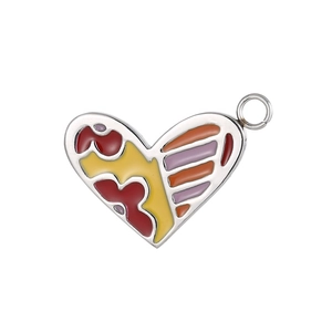 Detailed view of heart charms with colorful enamel inlays and silver metal frames