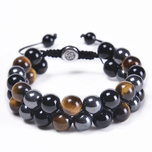 Tiger Eye Black Agate Hematite Lava Stone Double Layer Beaded Bracelet Adjustable Hand Woven Energy Yoga Men Women