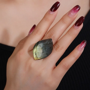 Natural Labradorite Gold Adjustable Open Ring Irregular Leaf Gemstone Retro Alloy Multi-Layer Band Jewelry For Women