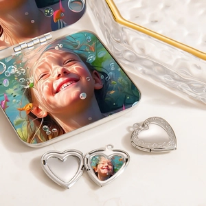 Handmade heart-shaped silver stainless steel locket pendant with vintage floral engraving