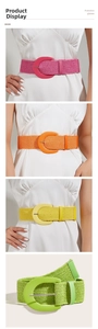 Detail view of colorful Bohemian PP straw woven elastic belts with D-ring buckles