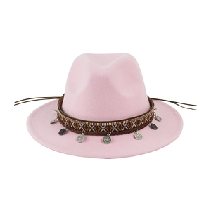 Pink wool felt fedora with ethnic embroidered band and silver metal pendant charms