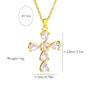 Luxury gold stainless steel cross necklace with pear-cut cubic zirconia and dimensions