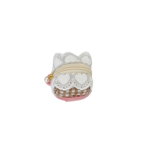 Cute brown plaid earphone storage case with white lace heart design and pearl tassel
