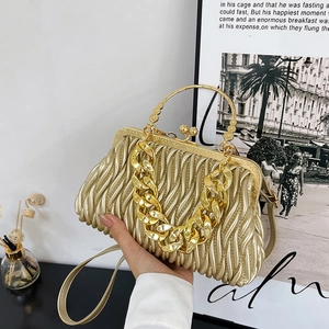 French style gold pleated clutch bag with chunky chain and round metal handle