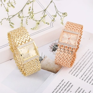 Elegant gold and rose gold square fashion watches with rhinestone bezels and chain straps
