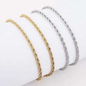 Polished stainless steel gold and silver rope chains in twisted spiral weave design