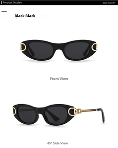 Front and 45-degree side view of black punk oval sunglasses with gold D-metal hinge