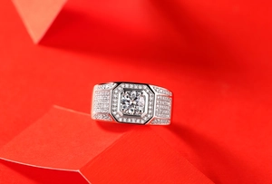 Macro shot of 925 sterling silver moissanite ring with octagonal halo and micro-pavé setting
