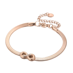 Rose gold infinity symbol bracelet with flat snake chain and white crystals