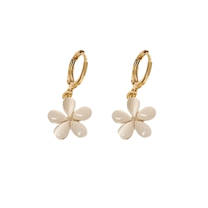 Elegant gold flower earrings featuring faux cat-eye stone petals and sparkling accents