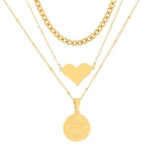 Collana a tre strati dorata con ciondolo a cuore e medaglione con occhio inciso