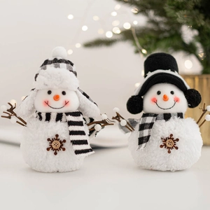 Christmas plush snowman dolls with plaid hats and scarves for festive holiday table decor