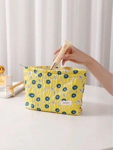 Yellow jacquard floral cosmetic bag with large capacity for skincare storage