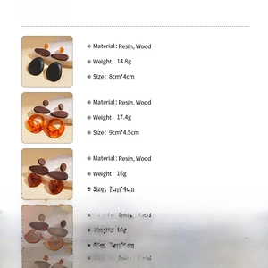 Detailed size chart for geometric wood and resin drop earrings in three various styles