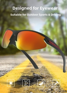 Detail of outdoor sports sunglasses featuring anti-glare orange mirrored lenses and matte frame