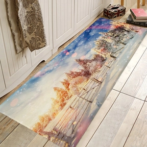 Detail of winter forest snow landscape print on soft absorbent flannel runner rug