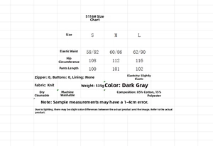 Size chart for ribbed straight leg trousers with detailed waist and hip measurements
