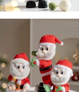 Three plush dancing Santa Claus dolls with warm Christmas lighting in cozy indoor scene