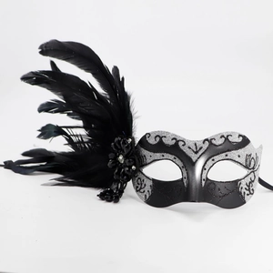 Détail du masque de bal argenté avec plumes noires et motifs scintillants sur fond blanc