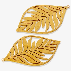 Golden 304 stainless steel leaf pendants with hollow design and hammered texture details