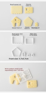 Detailed 3D gingerbread house cookie cutter set with dimensions and components