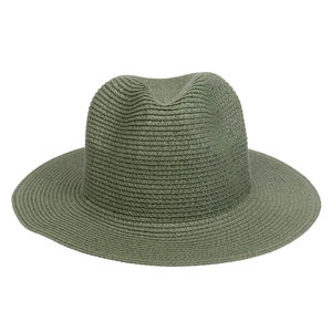 Detailed close-up of army green wide-brim straw sun hat with fine weaving texture