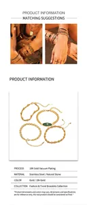 Detail view of ethnic style 18K gold plated stainless steel bracelet with green African jade