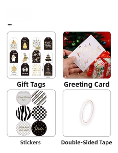 Detailed view of Christmas gift tags, gold foil cards, stickers and double-sided tape kit