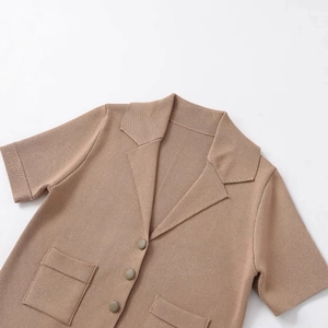 Short sleeve knit cardigan in camel brown with lapel collar and twin pockets