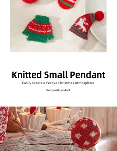 Macro detail of knitted Christmas tree ornaments with festive elk patterns and ropes