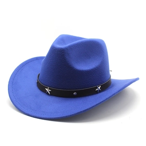 Close-up of a dark blue cowboy hat with black leather band and silver star rivets