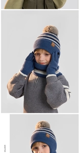 Detailed knit texture of children's navy winter hat, scarf, and gloves set with warm fleece