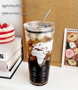 Detail of 1L glass straw cup with world map print and coffee origin flavor notes